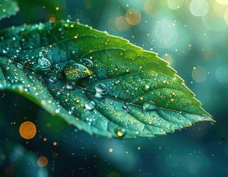 Close-up of green leaf with water droplets and shimmering bokeh
