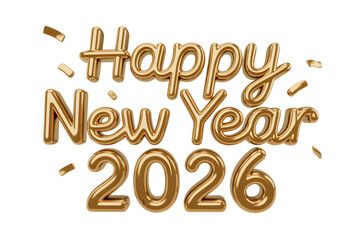 Golden 3d balloon typography spelling happy new year 2026 with confetti isolated on transparent background