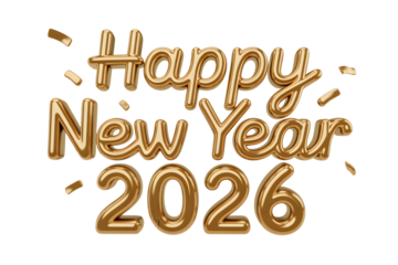 Golden 3d balloon typography spelling happy new year 2026 with confetti isolated on transparent background