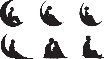 Wedding Couple on Crescent Moon Silhouette Set