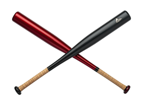 Two baseball bats, one red and one black, crossed against a black background
