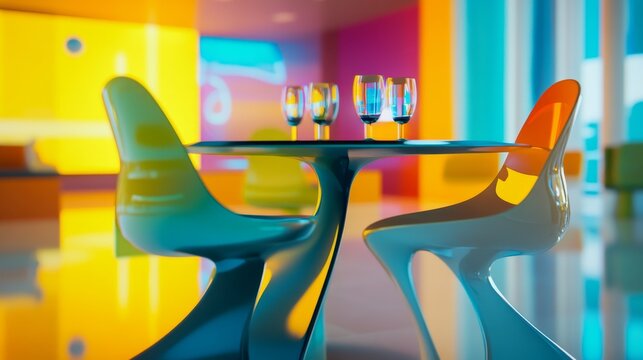 A vibrant modern dining space featuring colorful chairs and eclectic decor. The stylish table enhances the atmosphere. Perfect for interior design inspiration. Generative AI