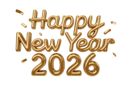 Golden 3d balloon typography spelling happy new year 2026 with confetti isolated on transparent background - Powered by Adobe