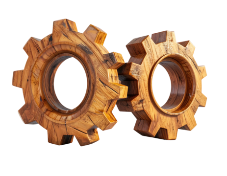 Two detailed wooden gears mesh, symbolizing teamwork, innovation, and collaboration