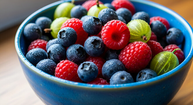 Close up of blueberries raspberries and gooseberries in a blue bowl on a wooden surface view - Powered by Adobe