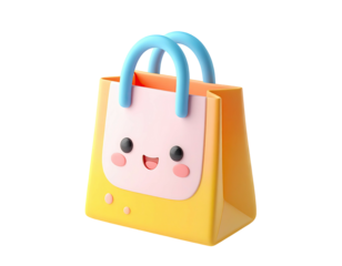 3D rendered cartoon shopping bag with cute face, bright colors, and blue handles