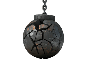 A weathered, cracked, iron ball hangs from a chain against a solid black backdrop