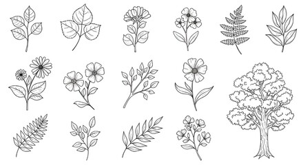 Fototapeta premium Flower brush hand drawn vector set. Hand drawn doodle flower, floral leaf elements in brush stroke ink style. Simple abstract botanical silhouette set for nature black paint art.