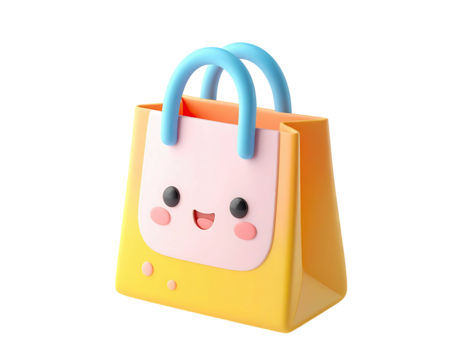 3D rendered cartoon shopping bag with cute face, bright colors, and blue handles