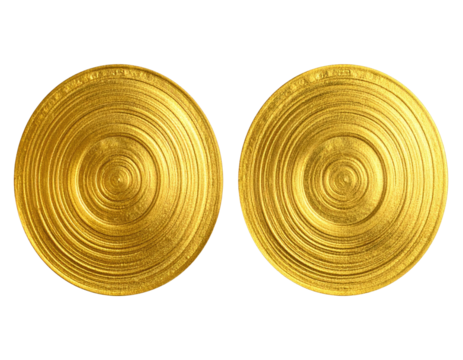 Two radiant, golden, circular objects with concentric rings, isolated on black