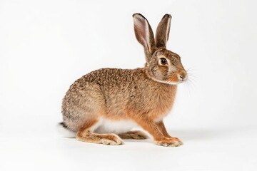 Obraz premium A brown rabbit, Leppus europa, is sitting on a white background.