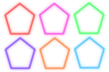 Polygon outline neon light frame, set of colorful shaped object elements isolated on white background	