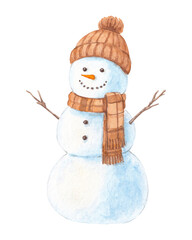 Cute watercolor snowman with brown knitted hat and scarf