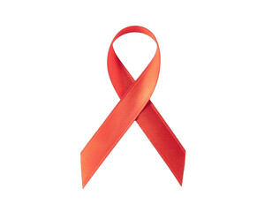 A single crimson red awareness ribbon folded into a loop with tails against a black void background symbolizing support and hope