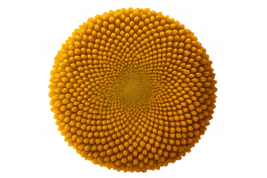 Close-up of yellow sunflower seeds forming spiral fibonacci pattern, symbolizing growth, nature, and mathematical order