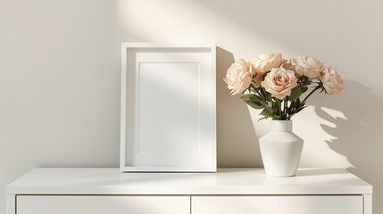 Minimalist White Photo Frame and Flower Vase on Dresser with Soft Natural Light