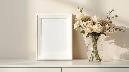 Minimalist White Photo Frame and Flower Vase on Dresser with Soft Natural Light