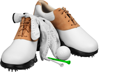 Classic golf shoes with gloves, ball, and colorful tees arranged together to represent essential equipment for golfing activities, isolated on transparent background, PNG.