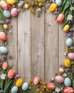 Easter spring floral border with eggs and tulips on rustic wood