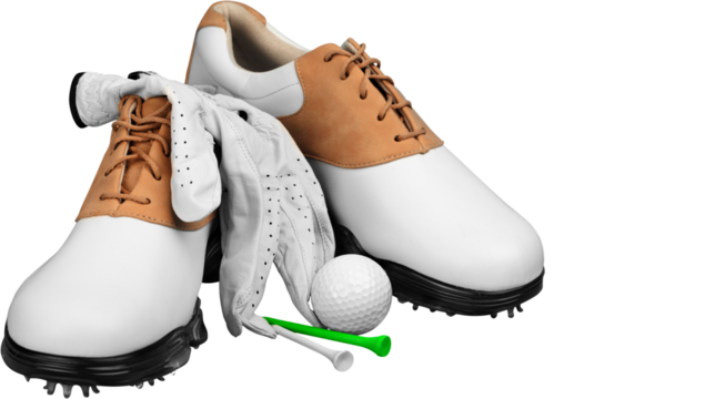 Classic golf shoes with gloves, ball, and colorful tees arranged together to represent essential equipment for golfing activities, isolated on transparent background, PNG. - Powered by Adobe
