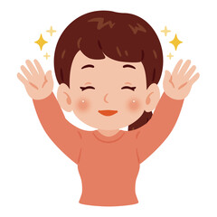 両手を上げて万歳する笑顔の女性　上半身イラスト／ Upper Body Illustration of Smiling Woman Raising Both Hands in Victory
