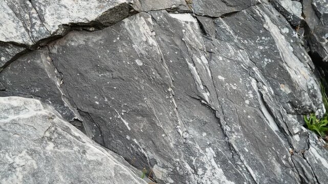 Close-up of layered gray rock face with textured surface, displaying natural formations