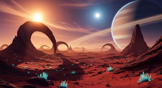 A surreal alien landscape featuring towering rock formations, multiple moons in the sky, and vibrant blue plants on a distant planet's surface under a glowing sunset - Powered by Adobe