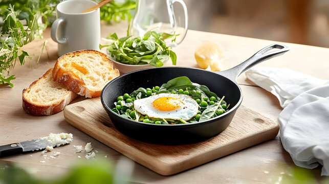 Healthy Breakfast Skillet With A Fried Egg Peas And Spinach