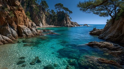 Fototapeta premium Scenic coastal bay with turquoise clear water, rocky cliffs, pine trees and peaceful summer atmosphere