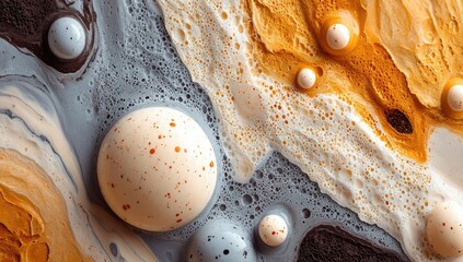 Swirling paints, spheres, gray, yellow, brown, white abstract
