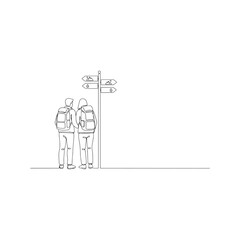Continuous one line drawing of a hiker couple with backpacks looking at a direction signpost, travel and choice concept.
