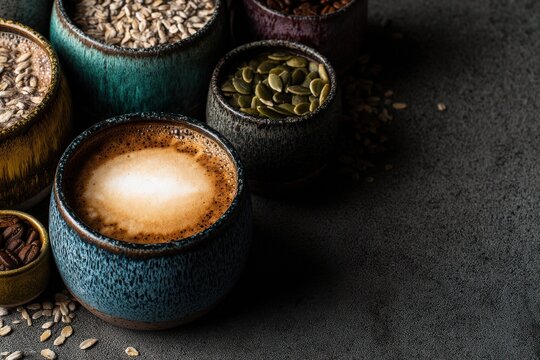 Artisan coffee surrounded by assorted grains in vibrant textured bowls creating a warm inviting atmosphere perfect for culinary creativity and home brewing inspiration