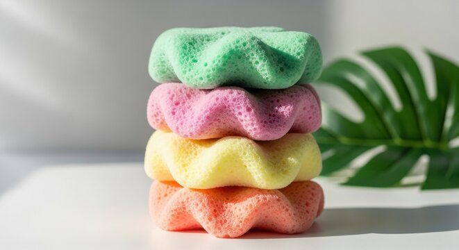 Vibrant stack of colorful sponges with a leaf in a bright interior setting