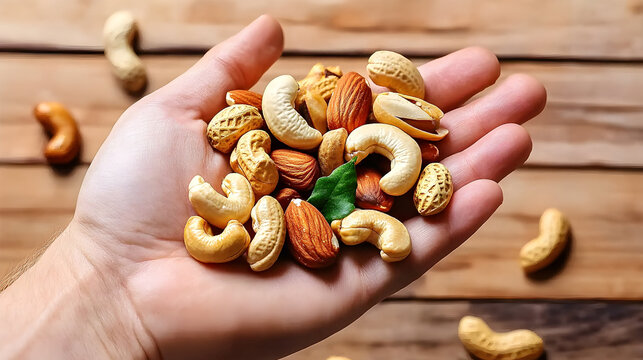 Hand Holding A Variety Of Mixed Nuts Including Cashews And Almonds