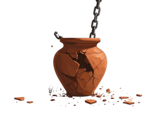 A cracked terracotta pot, suspended by chain, debris scattered on a black background