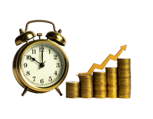 Golden alarm clock beside gold coins stacked in a rising bar graph with arrow