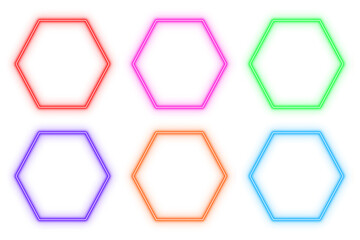 Hexagon outline neon light frame, set of colorful shaped object elements isolated on white background	