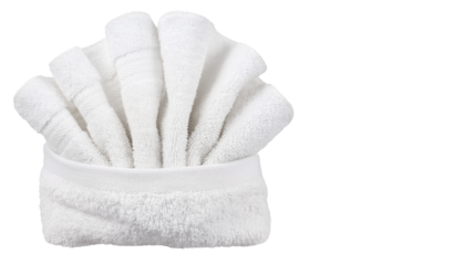 Neatly folded white towels arranged in a decorative fan shape for hotel, spa, and home bathroom presentation, isolated on transparent background, PNG.