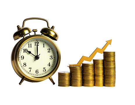 Golden alarm clock beside gold coins stacked in a rising bar graph with arrow