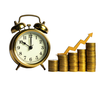 Golden alarm clock beside gold coins stacked in a rising bar graph with arrow