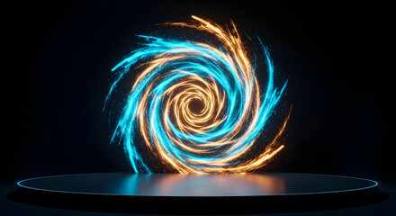 Empty Glass Podium with Blue and Orange Spotlight Background