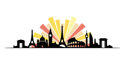 city skyline with iconic landmarks and colorful sunburst, isolated on white background  © Mstsalma