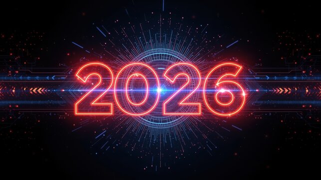 Glowing neon 2026 numbers on dark futuristic background
