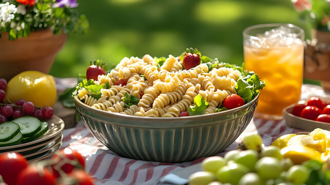 Pasta Salad In A Bowl On A Picnic Table Outdoors