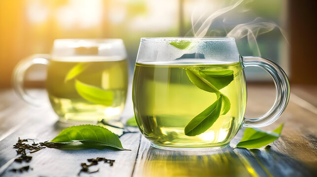 Two Glass Mugs Of Hot Green Tea With Fresh Leaves