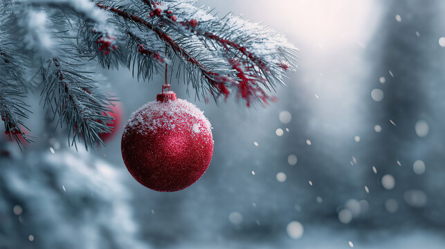Winter Ornament: A captivating close-up of a festive red ornament glistening against a backdrop of fresh, untouched snow, evokes the charm and magic of winter, embracing the season's cozy feel.