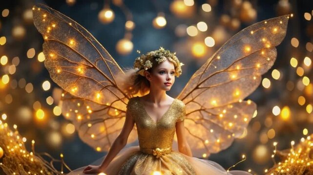 Golden fairy girl with light wings surrounded by glowing bokeh
