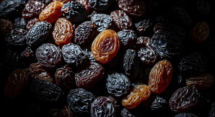 Closeup of dried raisins with natural texture, food background