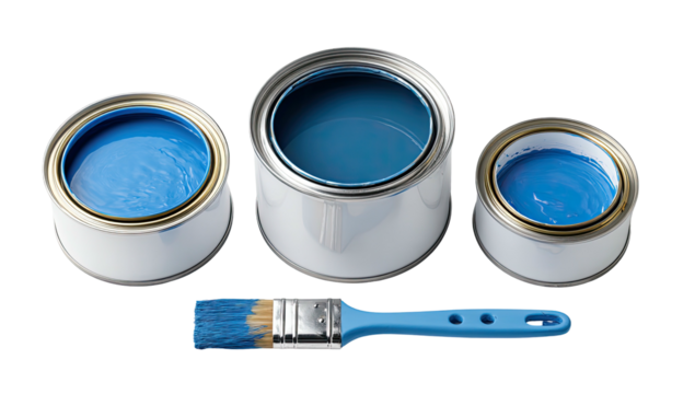 Three paint cans, blue paint, brush. Simple, clean