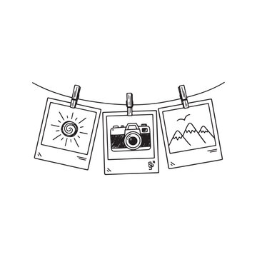 Hand-drawn travel photos hanging on a clothesline, vintage memory doodle illustration.
